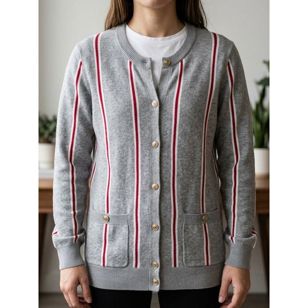 True Angel Grey Cardigan with Red & White Stripes Size M 100% cotton